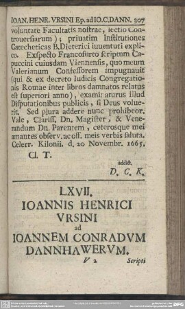 LXVII. Ioannis Hernici Ursini ad Ioannem Conradum Dannhawerum