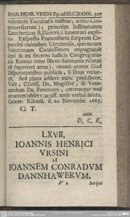 LXVII. Ioannis Hernici Ursini ad Ioannem Conradum Dannhawerum