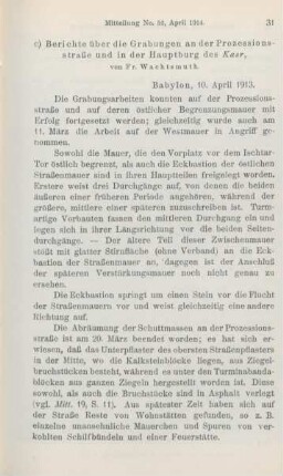c. Berichte über die Grabungen an derProzessionsstraße und in der Hauptburg des Kasr