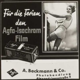 Werbung für Agfa-Isochrom-Film der Photohandlung A. Beckmann & Co : Kolorierte Werbung für Agfa-Isochrom-Film der Photohandlung A. Beckmann & Co., Alexandrinenstraße 4. Bad Doberan