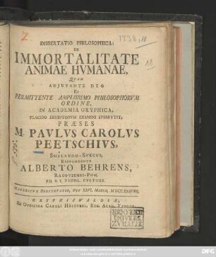 Dissertatio Philosophica: De Immortalitate Animae Hvmanae