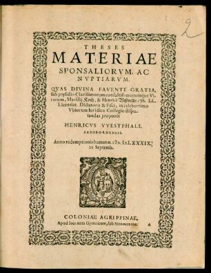 Theses Materiae Sponsaliorum, Ac Nuptiarum.