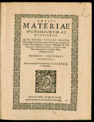 Theses Materiae Sponsaliorum, Ac Nuptiarum.