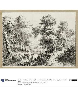 Baumreiche Landschaft mit Pferdefuhrwerk