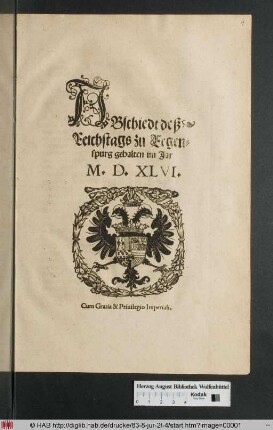 Abschiedt deß Reichstags zu Regenspurg gehalten im Jar M.D.XLVI.