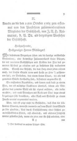 II. Anrede an die den 10ten October 1765 zum erstenmal von den Vorstehern zusammenberufenen Mitgliedern der Gesellschaft.