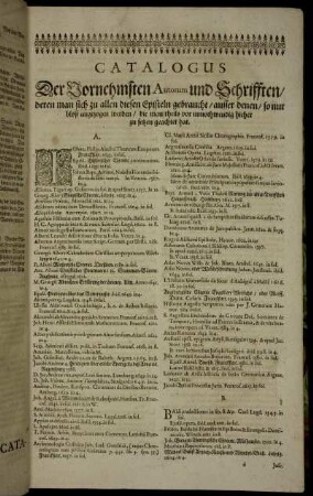 Catalogus Der Vornehmsten Autorum und Schrifften [...]