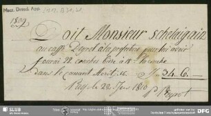 Rechnung von Unbekannt an August Wilhelm von Schlegel, o.O., 22.01.1810