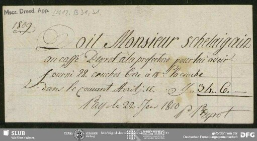 Rechnung von Unbekannt an August Wilhelm von Schlegel, o.O., 22.01.1810