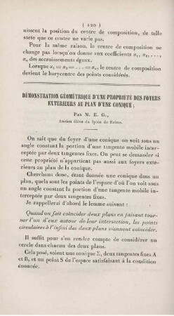 Démonstration géométrique d'une propriété des foyers extérieurs au plan d'une conique.