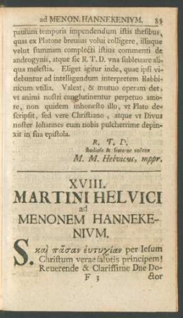 XVIII. Martini Helvici ad Menonem Hannekenium