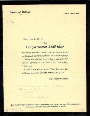 Mitteilung des Gemeinderates Böckingen über den Tod von Bürgermeister Adolf Alter