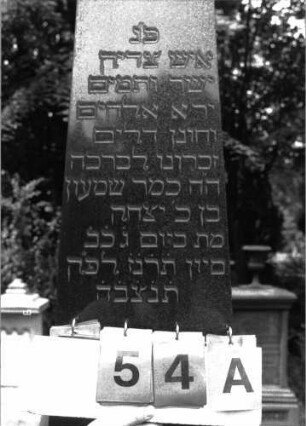 Grabstein 54 (Index: 100101485) Material: Granit, Sockel Kalkstein Zustand: gut Maße HxBxT: 256x52x51 cm Beschreibung: Obelisk, Sockel: Grabstein 54A