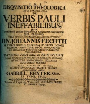 Disquisitio theol. ad II. Corinth. XII, 4., de verbis Pauli ineffabilibus