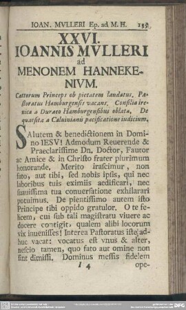 XXVI. Ioannis Mulleri ad Menonem Hannekenium