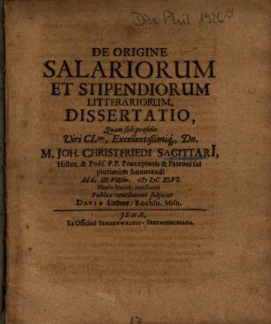 De Origine Salariorum Et Stipendiorum Litterariorum, Dissertatio