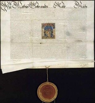 Kaiser Matthias bestätigt und verbessert Leopold Karl Freiherrn von Stain zu Niederstotzingen, Bächingen und Bühl das Wappen (mit koloriertem Wappenbild).