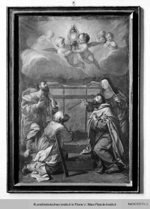 Ein Heiliger, Thomas, Theresa und Albert von Sizilien verehren die Eucharistie