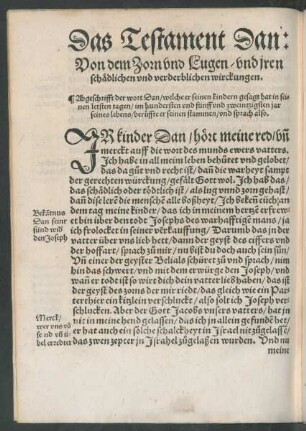 Das Testament Dan: Von dem Zorn und Lugen/ und iren schädlichen unnd verderblichen wirckungen.