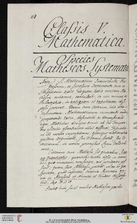 Classis V. Mathematica. Species [I.] Matheseos Systemata