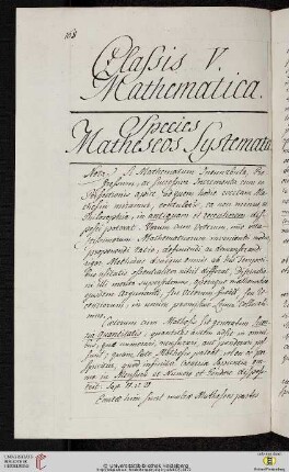 Classis V. Mathematica. Species [I.] Matheseos Systemata