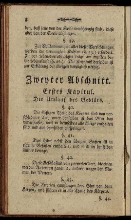 Zweyter Abschnitt. Erstes Kapitul. Der Umlauf des Geblüts. - Achtes Kapitul. Von der Ernährung.