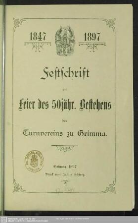 Festschrift zur Feier des 50jähr. Bestehens des Turnvereins zu Grimma : 1847-1897