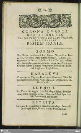 Corona Quarta Regii Honoris, Exhibens Originem Ex Sanguine vetustissimorum Regum Daniae