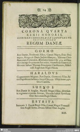 Corona Quarta Regii Honoris, Exhibens Originem Ex Sanguine vetustissimorum Regum Daniae