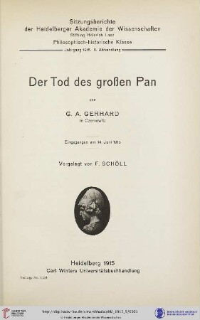 1915, 5. Abhandlung: Sitzungsberichte der Heidelberger Akademie der Wissenschaften, Philosophisch-Historische Klasse: Der Tod des grossen Pan