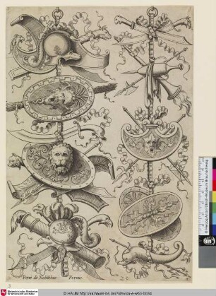 [Le premier trophée offre le masque d'un lion sur un bouclier; Trophies with a Lion's Head on a Shield; Trophäen mit einem Löwenkopf auf einem Schild]