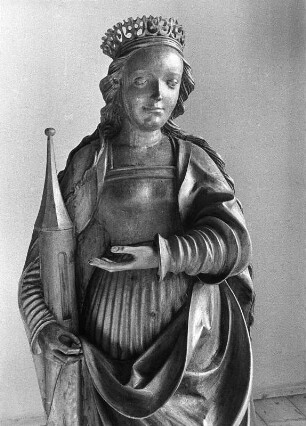 Die Heilige Barbara : Die Heilige Barbara. Holz, gschnitzt (um 1501/1515). Hüftstück. Obervellach, Pfarrkirche Sankt Martin, Chor