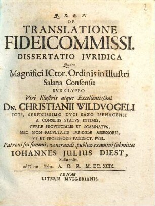 De Translatione Fideicommissi. Dissertatio Iuridica