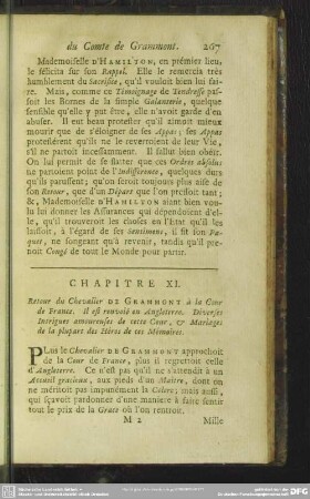 Chapitre XI. Retour du Chevalier De Grammont à la Cour de France. Il est renvoié en Angleterre. Diverses Intrigues amoureuses de cette Cour, & Mariages de la plupart des Héros de ces Mémoires