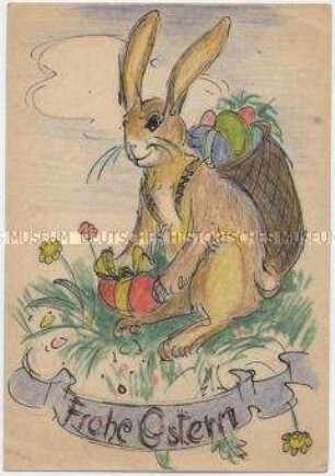Selbstgezeichnete Feldpostkarte an den Sohn: Osterhase