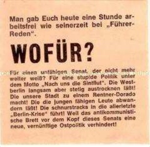 Handzettel gegen die Ost-Politik des Berliner Senats