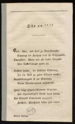 Ode an **** : Im Hauptquartier zu Mainz, den 16ten Jänners 1793, im zweiten Jahre der Republik