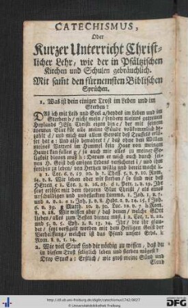 Catechismus, Oder kurzer Unterricht Christlicher Lehr, wie der in Pfältzischen Kirchen und Schulen gebräuchlich.