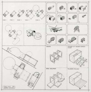 "Misawa Homes Prefabricated Housing International Design Competition 70", Mobilhaus (nicht realisiert), 4. Preis – Grundrisse, Perspektivansichten Entwicklungsphasen. Misawa/Japan