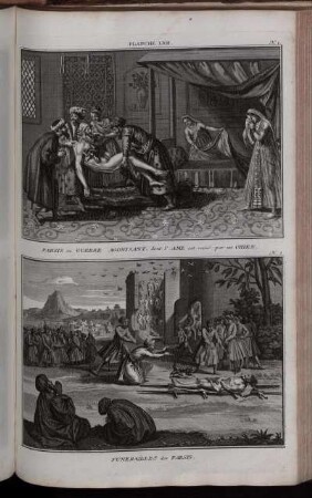 Planche LXII. : N. 1. Parsis ou Guebre Agonisant [...] ; N. 2. Funerailles des Parsis