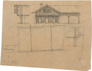 Littmann, Max; Bocksberg; Hofgut, Geländeaufnahmen, Wasserversorgung,Transformatorenhaus, Erweiterungsbauten u.Umbauten - Teilgrundriss, Teilansicht, Details