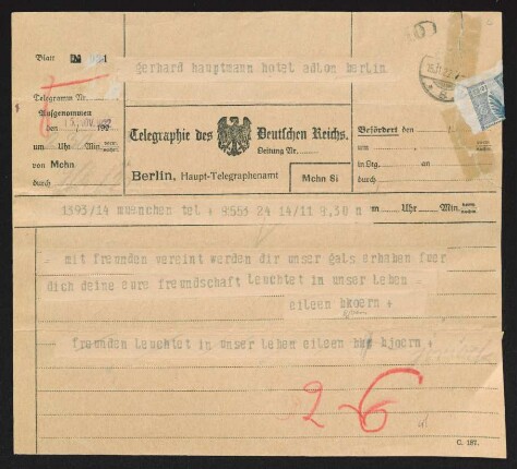 Brief von Eileen Bjørnson und Bjørn Bjørnson an Gerhart Hauptmann