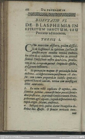 Disputatio VI. De Blasphemia In Spiritum Sanctum, Seu Peccato ad mortem
