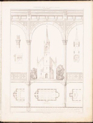 Evangelische Kirche, Polnisch-Nettkow: Ansicht, Grundriss, Grundriss Emporen, drei Details (aus: Entwürfe zu Kirchen, Pfarr- und Schulhäusern, hrsg. von der Kgl. Preuß. Oberbaudeputation, 1845-1855)