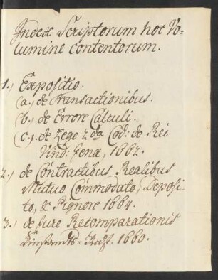 Handschriftliches Inhaltsverzeichnis des Sammelbandes