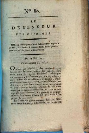 Le défenseur des opprimés. 80. 1791