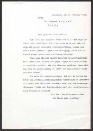 [Brief von Otto Selz an Andreas Angyal vom 24. Februar 1931]
