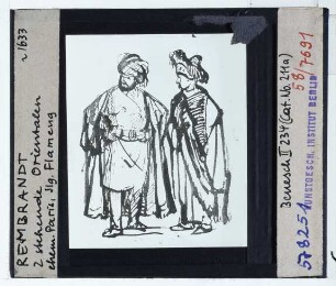 Rembrandt (Umkreis), zwei stehende Orientalen (Zeichnung Benesch 211a) (unbekannter Aufenthaltsort)
