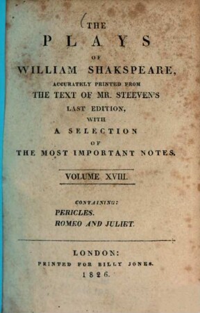The Plays of William Shakspeare, 18. Pericles. Romeo and Juliet. - 419 S.