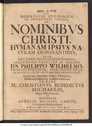 ... Sive Dissertatio Philologica Ex Antiqvitate Ivdaica, De Nominibvs Christi, Hvmanam Ipsivs Natvram Designantibvs